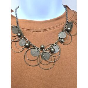 Bronze Tone Geometric Statement Necklace Multi-Hoop Disc 16" BohoChic Industrial